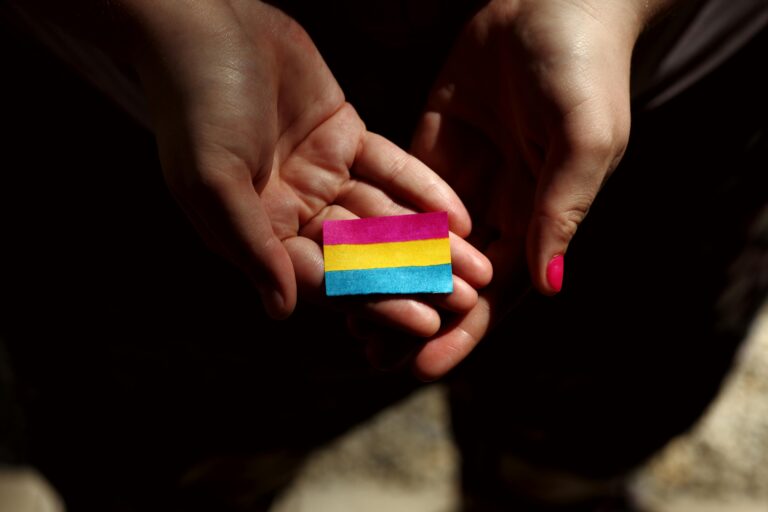 A close-up image featuring hands holding a small pansexual pride flag, symbolizing pride and inclusivity.
