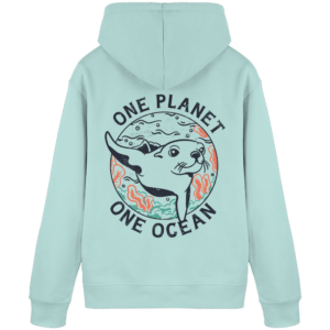 One Planet One Ocean Back Print Organic Basic Hoodie in Karibikblau, Rückseite