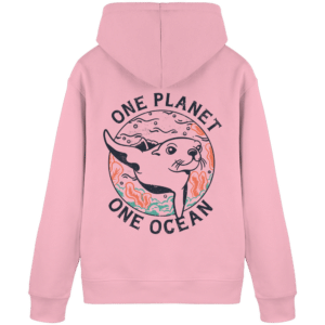 One Planet One Ocean Back Print Organic Basic Hoodie in Zartrosa, Rückseite