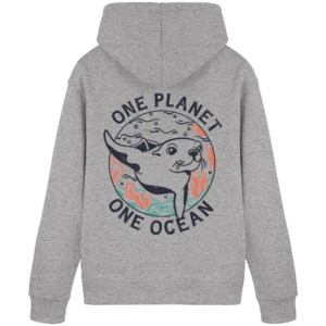 One Planet One Ocean Back Print Organic Basic Hoodie in Graumeliert, Rückseite