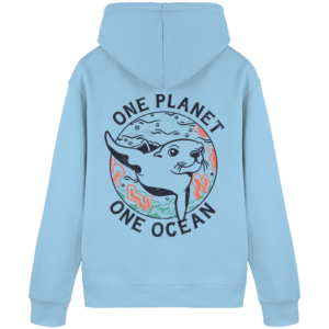 One Planet One Ocean Back Print Organic Basic Hoodie in Himmelblau, Rückseite