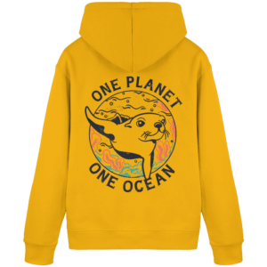 One Planet One Ocean Back Print Organic Basic Hoodie in Gelb, Rückseite