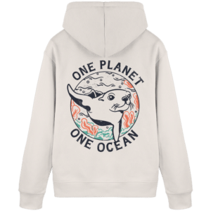 One Planet One Ocean Back Print Organic Basic Hoodie in Vintage-Weiß, Rückseite