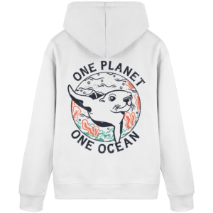 One Planet One Ocean Back Print Organic Basic Hoodie in Weiß, Rückseite