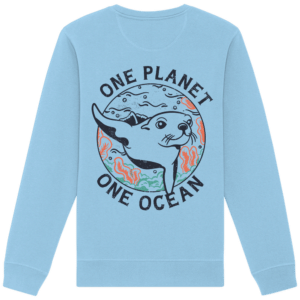 One Planet One Ocean Back Print Organic Basic Unisex Sweatshirt in Himmelblau, Rückseite