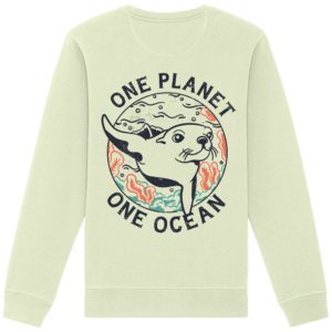 One Planet One Ocean Back Print Organic Basic Unisex Sweatshirt in Salbeigrün, Rückseite