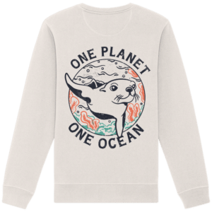 One Planet One Ocean Back Print Organic Basic Unisex Sweatshirt in Vintage-Weiß, Rückseite