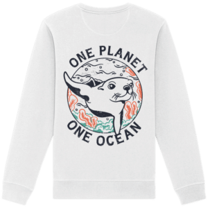 One Planet One Ocean Back Print Organic Basic Unisex Sweatshirt in Weiß, Rückseite