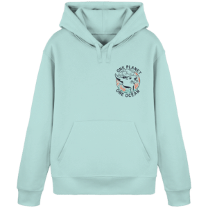 One Planet One Ocean Back Print Organic Basic Hoodie in Karibikblau, Vorderseite