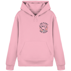One Planet One Ocean Back Print Organic Basic Hoodie in Zartrosa, Vorderseite