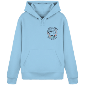 One Planet One Ocean Back Print Organic Basic Hoodie in Himmelblau, Vorderseite