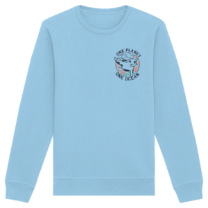 One Planet One Ocean Back Print Organic Basic Unisex Sweatshirt in Himmelblau, Vorderseite