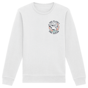 One Planet One Ocean Back Print Organic Basic Unisex Sweatshirt in Weiß, Vorderseite