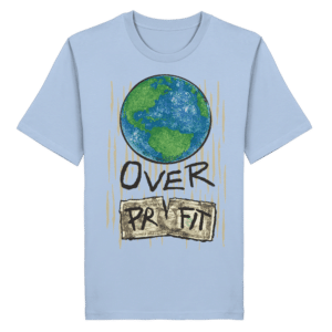 Earth Over Profit Front Print Organic Shirt in Sanftblau, Vorderseite
